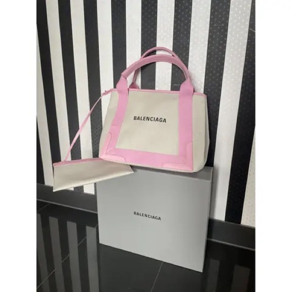 Balenciaga Handbags - NWT BALENCIAGA Cotton Canvas Satin Calfskin M Navy Cabas Rose Ballerine NEW